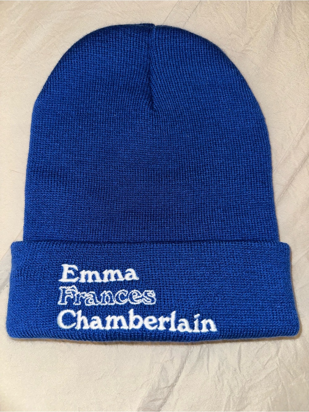 Emma Frances Chamberlain Royal Blue Embroidered Cuffed Beanie